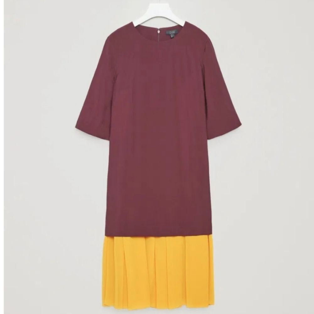 COS burgundy and gold drop waist pleated hem chiffon dress 4